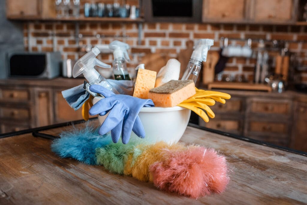 Assorted cleaning supplies in a bowl on a wooden table in a rustic kitchen, ready for move-out cleaning.”
